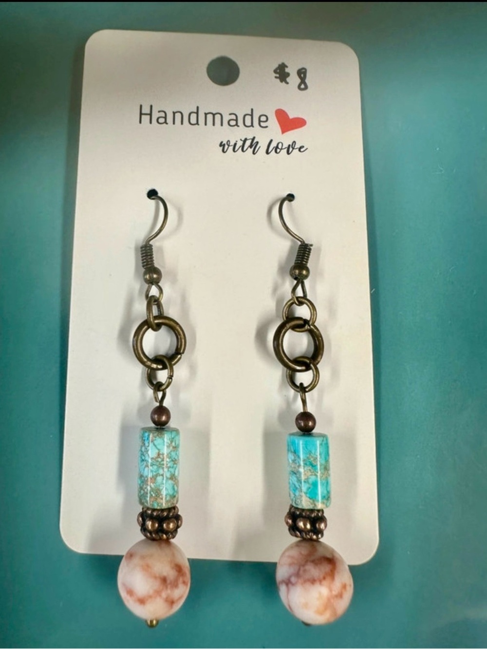Handmade Turquoise & Cream Beaded Dangle Earrings